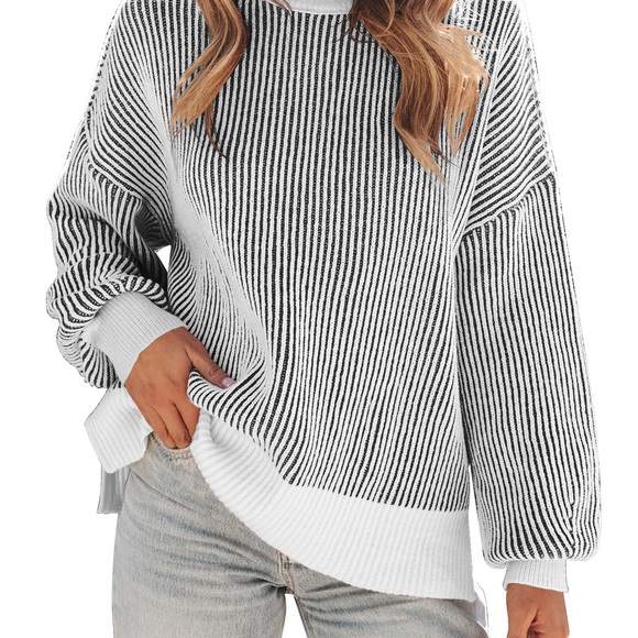Aerie Black and White Crew Neck Sweater with Stripes - Picture 1 of 4